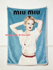 Miu Miu Turquoise Blue & White Vintage 90s Portrait Printed Flannel Sofa Throw Blanket IMG_0462